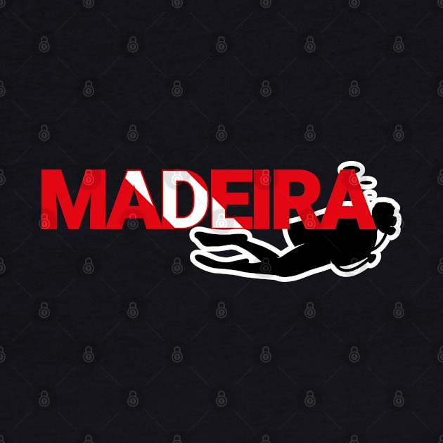 The word Madeira filled with the diving flag colours and a scuba diver by Donaby